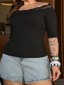 Bibi Tomais Plus Size Summer Casual Solid Color Lace Trim Off-Shoulder T-Shirt - Black - View 5