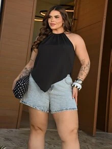 Bibi Tomais Plus Size Casual Solid Color Asymmetric Hem Halter Neck Top - Multicolor - View 5