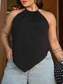 Bibi Tomais Plus Size Casual Solid Color Asymmetric Hem Halter Neck Top - Multicolor - View 7