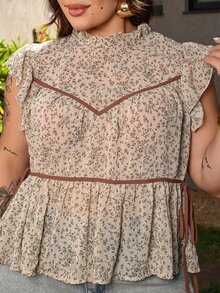 Bibi Tomais 大码女式碎花荷叶袖休闲衬衫，百搭日常穿着 - 彩色 - 查看 7
