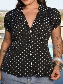 Bibi Tomais Plus Size Fashionable Versatile Minimalist Polka Dot Design Niche Charming Fitted Short Sleeve Blouse - Black and White - View 6