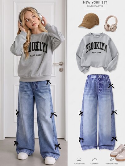 Tween Girls Fall Outfits Fall Tops New Fashion Blue Round Neck Long Sleeve Top With Wide Leg Pants Bow Decor 2 Pieces Set Autumn/Winter