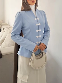Solavon Kemeja Kasual Serbaguna untuk Pemakaian Sehari-hari dengan Kancing Katak untuk Wanita - Biru - View 3