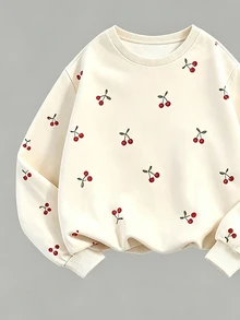Girls Sweet Cherry Print 2 Pieces Set, Round Neck Long Sleeve Top + Elastic Waist Flared Pants, Casual Outfit For Big Tween Girl - Multicolor - View 4