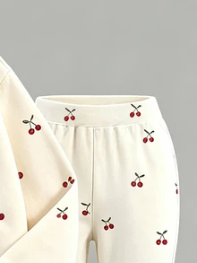 Girls Sweet Cherry Print 2 Pieces Set, Round Neck Long Sleeve Top + Elastic Waist Flared Pants, Casual Outfit For Big Tween Girl - Multicolor - View 5