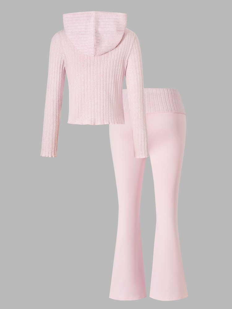 Girls' Athletic Cool Girl Minimalist Set, Autumn Outfits, Hot Pink Milk Silk Fabric Fitted Zip-Up Jacket Elastic Waist Slim-Fit Flare Pants Gym - Pink - View 2