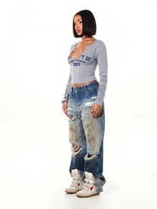 SUMWON WOMEN Long Sleeve Deep V-Neck Crop Top With Varsity Collegiate Logo Print And Ribbed Texture - Grey - View 3