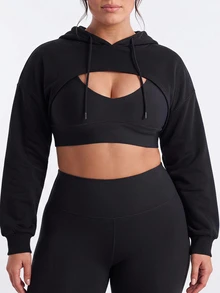 SHEIN Cheerettes Women's Plus Size Solid Color High-Low Hem Drawstring Hooded Cropped Athletic Sweatshirt Black High Stretch Breathable Moisture Wicking Cropped Long - Black - View 11