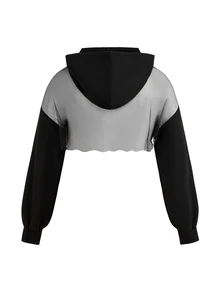 SHEIN Cheerettes Women's Plus Size Solid Color High-Low Hem Drawstring Hooded Cropped Athletic Sweatshirt Black High Stretch Breathable Moisture Wicking Cropped Long - Black - View 5