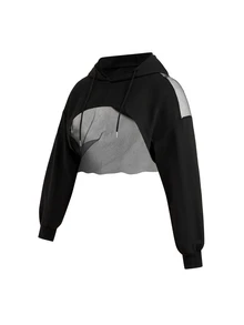 SHEIN Cheerettes Women's Plus Size Solid Color High-Low Hem Drawstring Hooded Cropped Athletic Sweatshirt Black High Stretch Breathable Moisture Wicking Cropped Long - Black - View 6