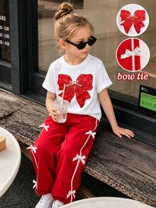 SHEIN ChillGRL Young Girls Summer Back To School 2-Piece Set,Cute Rib Knit Short Sleeve Tee & Pants With Graphic Pearl Bow,Fashionable Red Outfits For Teenage Girl - Red - View 3