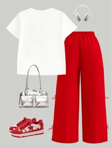 SHEIN ChillGRL Young Girls Summer Back To School 2-Piece Set,Cute Rib Knit Short Sleeve Tee & Pants With Graphic Pearl Bow,Fashionable Red Outfits For Teenage Girl - Red - View 2