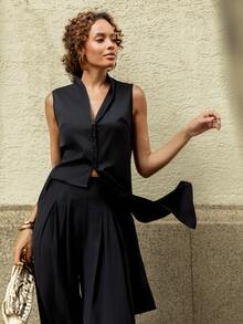 Emanuelly Magal Top Sleeveless Drape Detail Flowy Modest Business Casual Everyday Basic Pleated Church School Going Out Cute Birthday Party Basic Luxury Summer Fall - Black - View 3