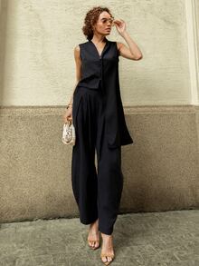 Emanuelly Magal Top Sleeveless Drape Detail Flowy Modest Business Casual Everyday Basic Pleated Church School Going Out Cute Birthday Party Basic Luxury Summer Fall - Black - View 1