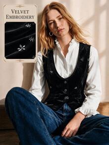 Écloséra Women's Embroidered Single-Breasted Fashion Vest Jacket - Black - View 1