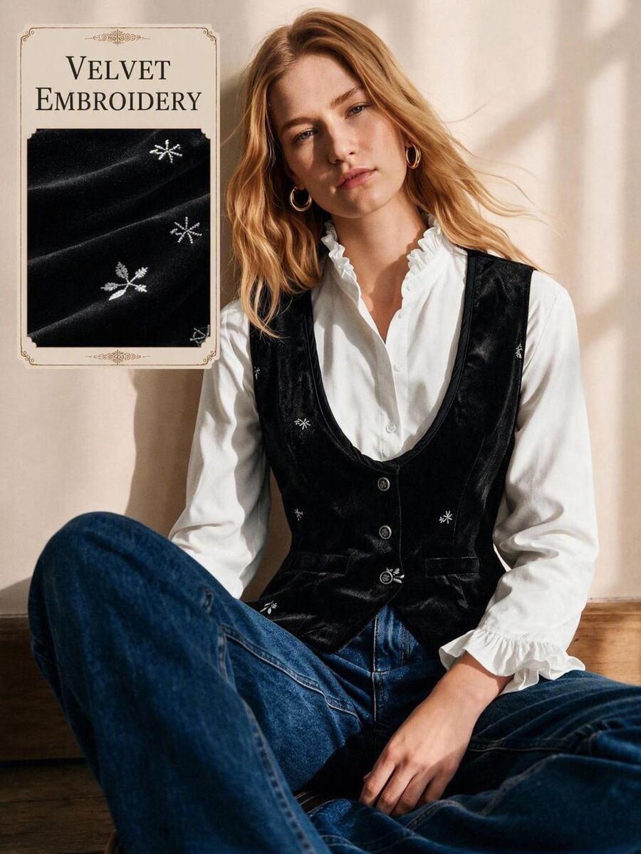 Écloséra Women's Embroidered Single-Breasted Fashion Vest Jacket - Black - View 1