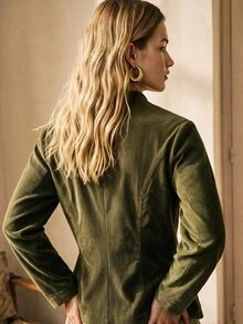 SHEIN Women's Elegant Stand Collar Wavy Edge Button Decor Open Front Long Sleeve Cinched Waist Jacket For Vacation, Casual, Outdoor And Commute - Army Green - View 3