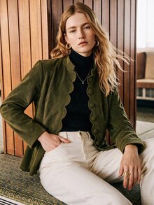 SHEIN Women's Elegant Stand Collar Wavy Edge Button Decor Open Front Long Sleeve Cinched Waist Jacket For Vacation, Casual, Outdoor And Commute - Army Green - View 7