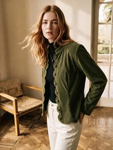 SHEIN Women's Elegant Stand Collar Wavy Edge Button Decor Open Front Long Sleeve Cinched Waist Jacket For Vacation, Casual, Outdoor And Commute - Army Green - View 8