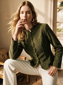 SHEIN Women's Elegant Stand Collar Wavy Edge Button Decor Open Front Long Sleeve Cinched Waist Jacket For Vacation, Casual, Outdoor And Commute - Army Green - View 5