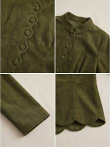 SHEIN Women's Elegant Stand Collar Wavy Edge Button Decor Open Front Long Sleeve Cinched Waist Jacket For Vacation, Casual, Outdoor And Commute - Army Green - View 4