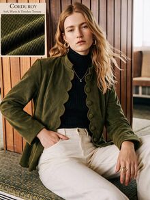 SHEIN Women's Elegant Stand Collar Wavy Edge Button Decor Open Front Long Sleeve Cinched Waist Jacket For Vacation, Casual, Outdoor And Commute - Army Green - View 1