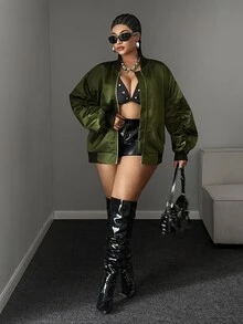 Maweii Plus Size Army Green Shiny Satin Ruched Sleeve Baseball Jacket Women Loose Streetwear Oversize Flight Jacket Casual Outerwear Autumn/Winter Fall - Army Green - View 5