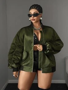 Maweii Plus Size Army Green Shiny Satin Ruched Sleeve Baseball Jacket Women Loose Streetwear Oversize Flight Jacket Casual Outerwear Autumn/Winter Fall - Army Green - View 4