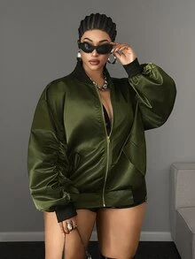 Maweii Plus Size Army Green Shiny Satin Ruched Sleeve Baseball Jacket Women Loose Streetwear Oversize Flight Jacket Casual Outerwear Autumn/Winter Fall - Army Green - View 6