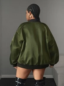 Maweii Plus Size Army Green Shiny Satin Ruched Sleeve Baseball Jacket Women Loose Streetwear Oversize Flight Jacket Casual Outerwear Autumn/Winter Fall - Army Green - View 2
