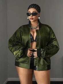 Maweii Plus Size Army Green Shiny Satin Ruched Sleeve Baseball Jacket Women Loose Streetwear Oversize Flight Jacket Casual Outerwear Autumn/Winter Fall - Army Green - View 3
