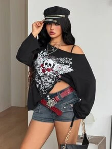 Coolane 女款大尺碼秋冬街頭休閒嘻哈風寬鬆骷髏圖案棉質不對稱領長袖黑色T恤萬聖節 - 黑色 - 查看 5