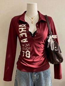 Collagica Collagica Women's Letter Print Casual Daily Wear Top - Red - View 1