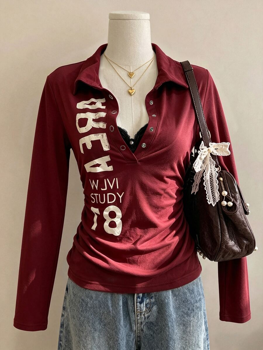 Collagica Collagica Women's Letter Print Casual Daily Wear Top - Red - View 1