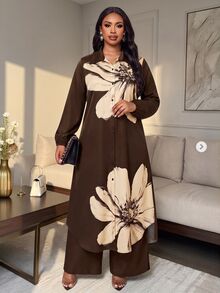 SHEIN Lady 大尺碼女款花卉印花長袖上衣與長褲休閒兩件套 - 棕色 - 查看 3