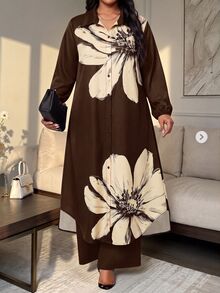 SHEIN Lady 大尺碼女款花卉印花長袖上衣與長褲休閒兩件套 - 棕色 - 查看 4