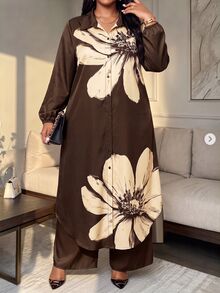 SHEIN Lady 大尺碼女款花卉印花長袖上衣與長褲休閒兩件套 - 棕色 - 查看 6