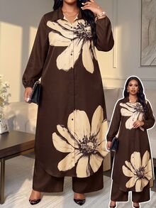SHEIN Lady 大尺碼女款花卉印花長袖上衣與長褲休閒兩件套 - 棕色 - 查看 5
