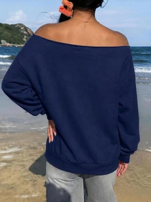 SHEIN EZwear 女款海軍藍露肩寬鬆休閒長袖衛衣，街頭風時尚圖案，適合秋冬穿著 - 藏蓝色 - 查看 2