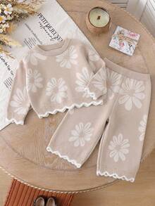 SHEIN Baby Girls Autumn Winter Floral Jacquard Knitted Sweater Set Family Matching Beige Cute Fairy Family Matching Beige Cute Fairy Pullover - Multicolor - View 4