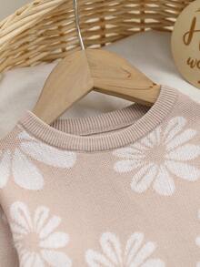 SHEIN Baby Girls Autumn Winter Floral Jacquard Knitted Sweater Set Family Matching Beige Cute Fairy Family Matching Beige Cute Fairy Pullover - Multicolor - View 8