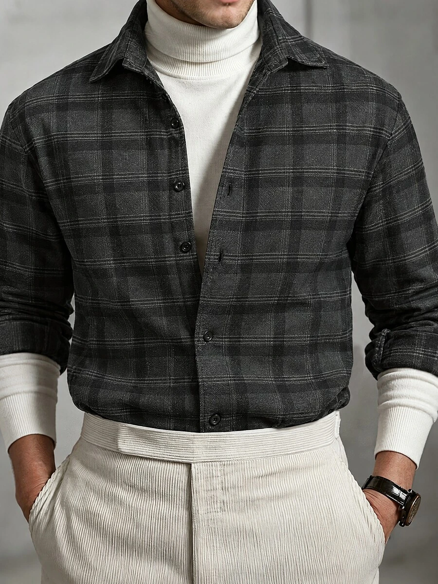 Manfinity CasualCool Men's Composite Pure Polyester Fabric Long Sleeve Shacket, Autumn/Winter - Multicolor - View 1