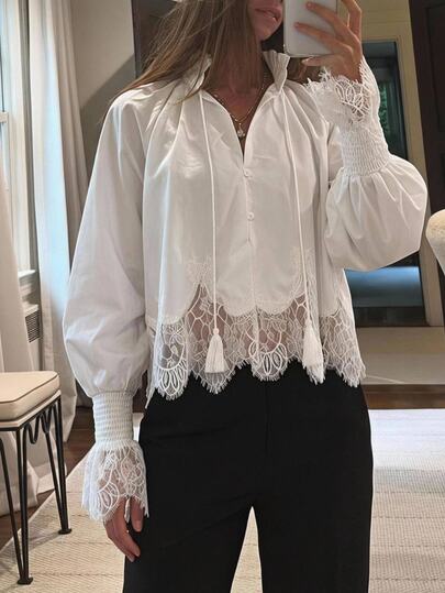 Aloruh Women's Elegant Sexy Vacation Commute Casual Outing Long Sleeve Top Solid Color Lace Trim Patchwork White Bohemian Blouse,Boho Top,Office,Teacher,Fall