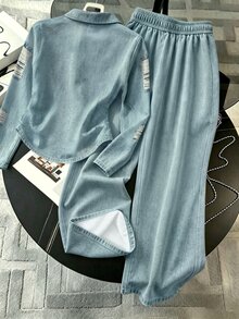Resyla Women's Casual Daily 2 Pieces Set With Lapel Collar Distressed Design Long Sleeve Top And Long Pants - Multicolor - View 2