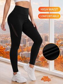 SHEIN Cheerettes Women's Leggings Black Mesh Panel Inclusive Fit High Waist Stretch Tummy Control Squat Proof Breathable Workout Loose Baggy Gym Sports Yoga Fall - Black - View 1