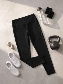 SHEIN Cheerettes Women's Leggings Black Mesh Panel Inclusive Fit High Waist Stretch Tummy Control Squat Proof Breathable Workout Loose Baggy Gym Sports Yoga Fall - Black - View 2