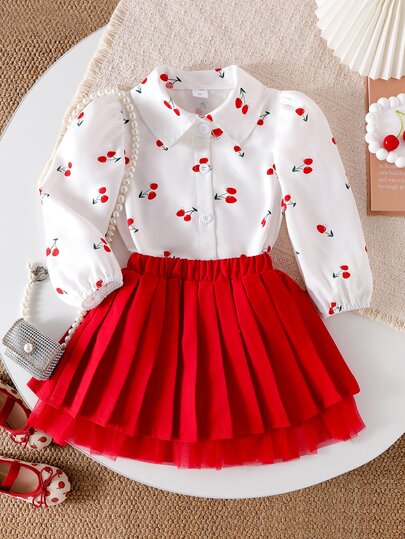 Souflis Souflis Conjunto de falda y camisa para niña joven con estampado de cerezas, mangas de farol y falda plisada, estilo suave para otoño, conjunto de falda lindo para la vuelta a la escuela