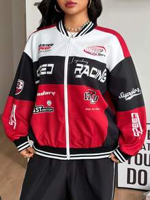 Coolane Women's & Men's Plus Size Fall Winter Streetwear Going Out Back To School Black Red Color-Blocked Letter Pattern Print Baseball Jackets - Red - View 3