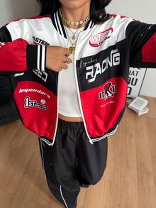 Coolane Women's & Men's Plus Size Fall Winter Streetwear Going Out Back To School Black Red Color-Blocked Letter Pattern Print Baseball Jackets - Red - View 1
