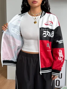 Coolane Women's & Men's Plus Size Fall Winter Streetwear Going Out Back To School Black Red Color-Blocked Letter Pattern Print Baseball Jackets - Red - View 7